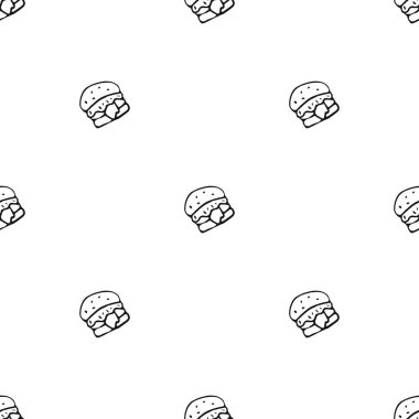 Hamburger ikonlarıyla kusursuz desen. Siyah beyaz hamburger arka planı. Doodle vektör burger çizimi