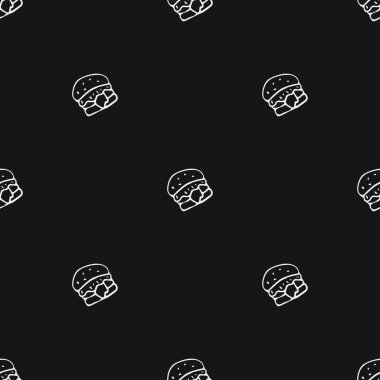 Hamburger ikonlarıyla kusursuz desen. Siyah beyaz hamburger arka planı. Doodle vektör burger çizimi