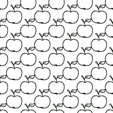 Elma deseni. Elmalarla kusursuz karalama deseni. Elmalı siyah ve beyaz vektör illüstrasyonu
