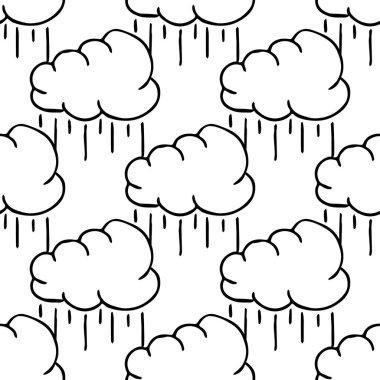 Yağmurlu bulutlarla kusursuz desen. Siyah beyaz karalama yağmurlu bulutlar. Karalama kümülonimbus simgeleri. Kümülonimbus pürüzsüz desen