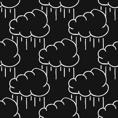 Yağmurlu bulutlarla kusursuz desen. Siyah beyaz karalama yağmurlu bulutlar. Karalama kümülonimbus simgeleri. Kümülonimbus pürüzsüz desen