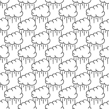 Yağmurlu bulutlarla kusursuz desen. Siyah beyaz karalama yağmurlu bulutlar. Karalama kümülonimbus simgeleri. Kümülonimbus pürüzsüz desen