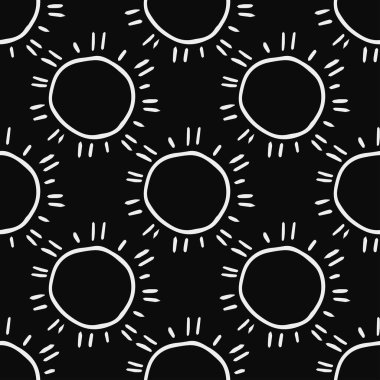 Güneş simgeleriyle kusursuz desen. Siyah arkaplanda Doodle güneş simgeleri. Doodle yaz ikonları. Kusursuz yaz şablonu. Tatil vektör deseni