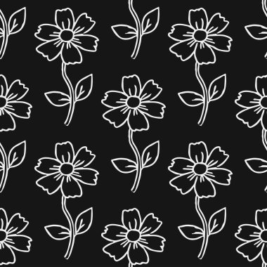 Kusursuz çiçek vektör deseni. Siyah arka planda çiçek desenli karalama vektörü. Klasik çiçek deseni, tatlı elementler projeniz, menünüz, kafe dükkanınız için arka plan