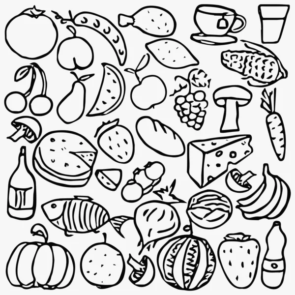 Lebensmittel Ikonen Gekritzelte Vektorillustration Mit Lebensmittelsymbolen Hintergrund Der Nahrungsmittel — Stockvektor