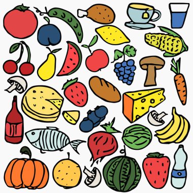 Renkli yemek ikonları. Yiyecek simgeleriyle karalama vektörü çizimi. Gıda arkaplanı