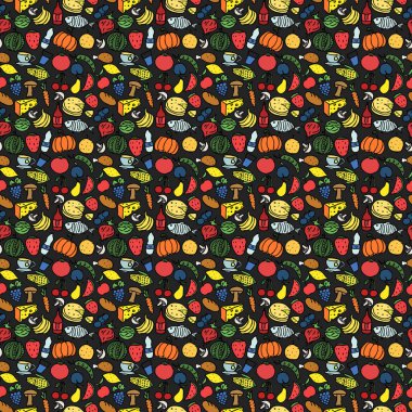 Yemek simgeleriyle kusursuz desen. Renkli karalama yemek kalıbı. Gıda arkaplanı