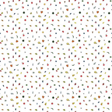 Yemek simgeleriyle kusursuz desen. Renkli karalama yemek kalıbı. Gıda arkaplanı