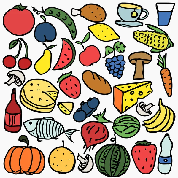 Farbige Lebensmittel Ikonen Gekritzelte Vektorillustration Mit Lebensmittelsymbolen Hintergrund Der Nahrungsmittel — Stockvektor
