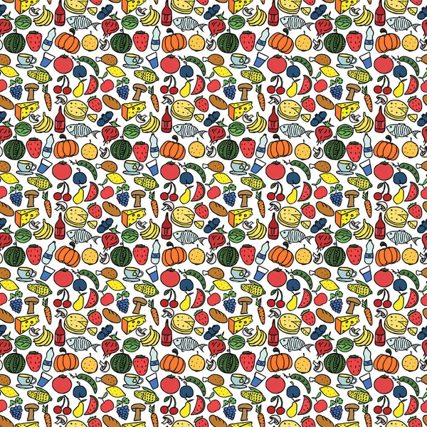 Naadloos Patroon Met Voedsel Pictogrammen Gekleurde Doodle Voedselpatroon Voedselachtergrond — Stockvector