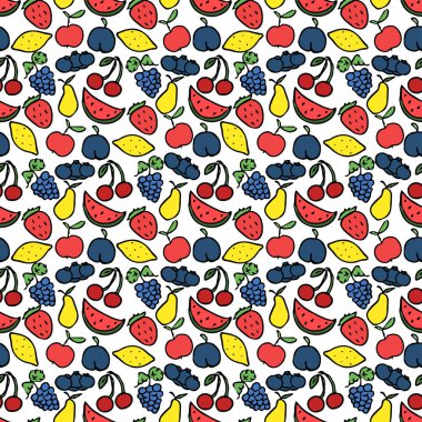 Meyve ikonlarıyla kusursuz desen. Renkli karalama meyve deseni. Gıda arkaplanı