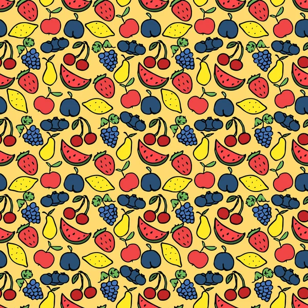 Nahtloses Muster Mit Früchten Symbolen Farbiges Kritzelmuster Hintergrund Der Nahrungsmittel — Stockvektor