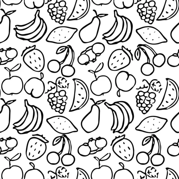 Padrão Frutas Sem Costura Padrão Frutos Doodle Preto Branco Fundo —  Vetores de Stock