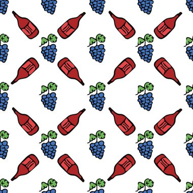 Kusursuz şarap kalıbı. Şarap ve üzümlü vektör çizimi. Şarapla desen