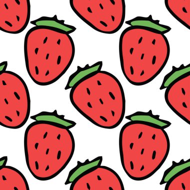 Kusursuz çilek deseni. Kırmızı çilek ikonlu Doodle vektörü. Klasik çilek deseni
