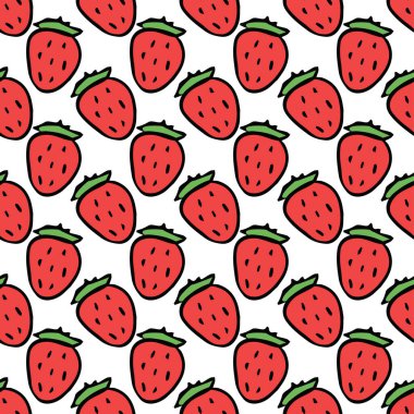 Kusursuz çilek deseni. Kırmızı çilek ikonlu Doodle vektörü. Klasik çilek deseni
