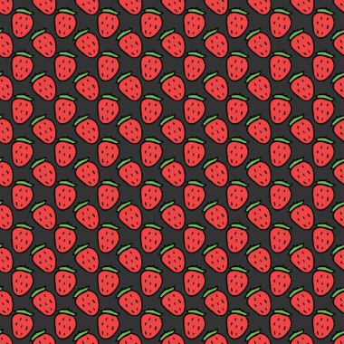 Kusursuz çilek deseni. Kırmızı çilek ikonlu Doodle vektörü. Klasik çilek deseni