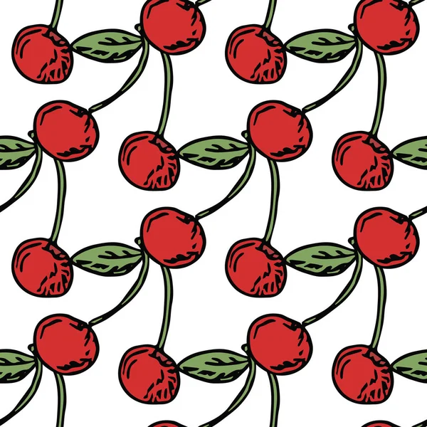 Zökkenőmentes Cseresznye Minta Doodle Vektor Piros Cseresznye Ikonokkal Szüreti Cseresznye — Stock Vector
