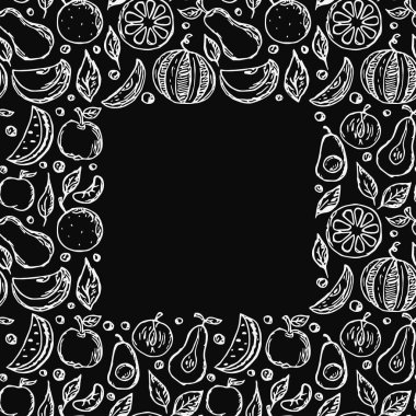 Meyve çerçevesi. Metin için yeri olan kusursuz meyve deseni. Meyve ikonlarıyla karalama çizimi. Meyve arkaplanı