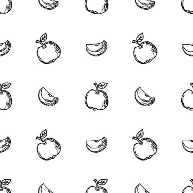 Kusursuz elma deseni. Elmalarla kusursuz karalama deseni. Elmalı siyah ve beyaz vektör illüstrasyonu