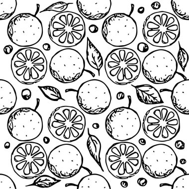 Kusursuz turuncu desen. Siyah-beyaz turuncu arka plan. Meyveli Doodle vektör illüstrasyonu