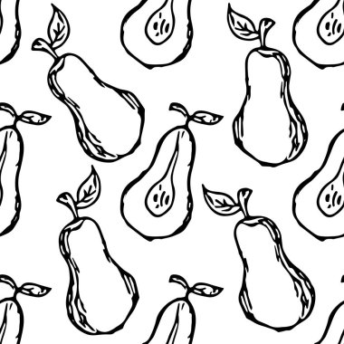 Kusursuz armut deseni. Siyah beyaz armut. Meyveli Doodle vektör illüstrasyonu