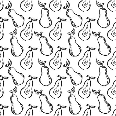 Kusursuz armut deseni. Siyah beyaz armut. Meyveli Doodle vektör illüstrasyonu