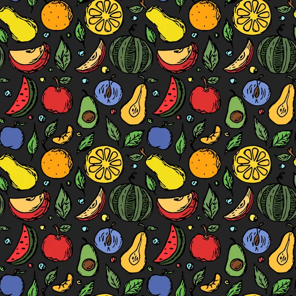 Padrão Fruta Sem Costura Fundo Doodle Colorido Com Ícones Frutas — Vetor de Stock