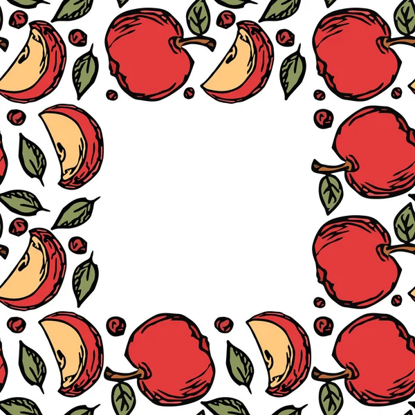 テキスト用の場所とシームレスなアップルパターン 赤いリンゴと色のシームレスなドアパターン — ストックベクタ