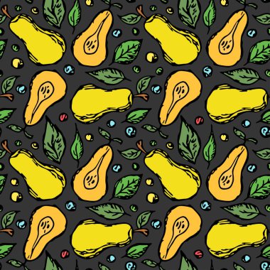 Kusursuz armut deseni. Armut renginde. Meyveli Doodle vektör illüstrasyonu