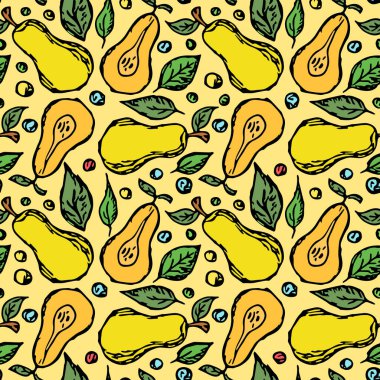 Kusursuz armut deseni. Armut renginde. Meyveli Doodle vektör illüstrasyonu