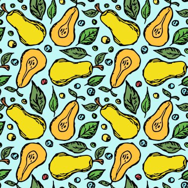 Kusursuz armut deseni. Armut renginde. Meyveli Doodle vektör illüstrasyonu