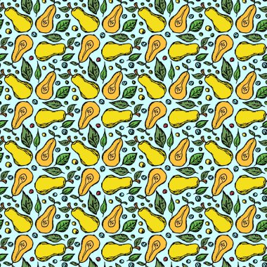 Kusursuz armut deseni. Armut renginde. Meyveli Doodle vektör illüstrasyonu