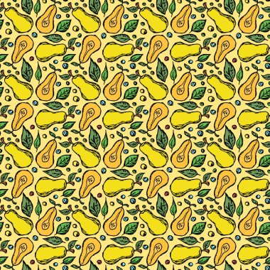 Kusursuz armut deseni. Armut renginde. Meyveli Doodle vektör illüstrasyonu