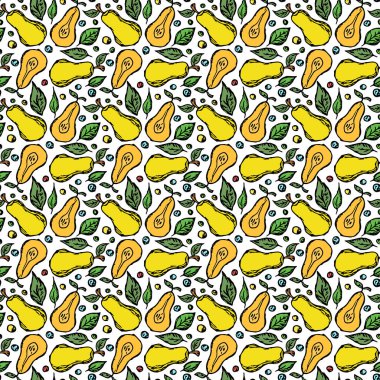 Kusursuz armut deseni. Armut renginde. Meyveli Doodle vektör illüstrasyonu