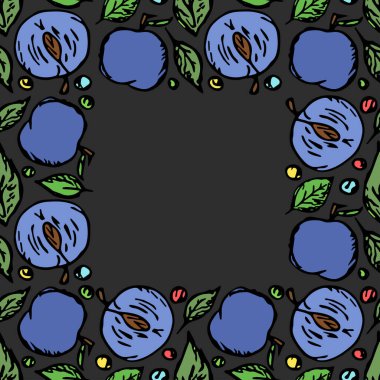 Erik çerçevesi. Metin için yeri olan renkli erik arkaplanı. Meyveli Doodle vektör illüstrasyonu