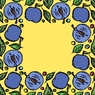 Erik çerçevesi. Metin için yeri olan renkli erik arkaplanı. Meyveli Doodle vektör illüstrasyonu