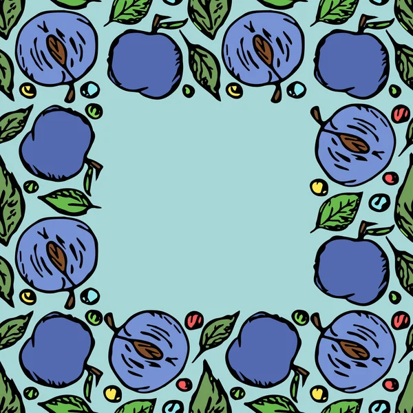梅のフレーム 文字のための場所と色梅の背景 果物と落書きベクトルイラスト — ストックベクタ