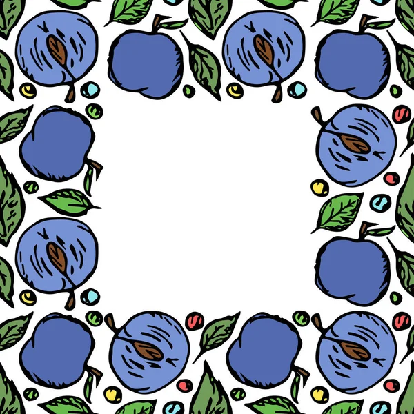 梅のフレーム 文字のための場所と色梅の背景 果物と落書きベクトルイラスト — ストックベクタ