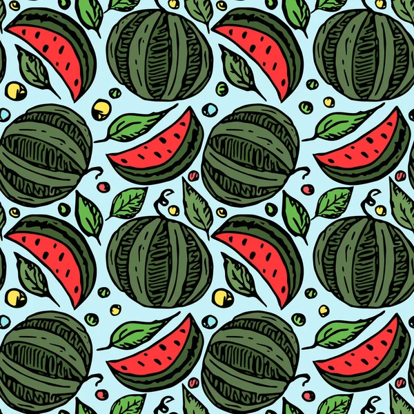 Sömlöst Vattenmelonmönster Färgad Vektor Klotter Illustration Med Vattenmelon Mönster Med — Stock vektor