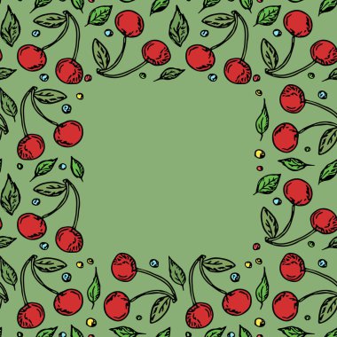 Metin için yeri olan kusursuz kiraz deseni. Kırmızı kiraz ikonlu Doodle vektörü. Vintage kiraz deseni