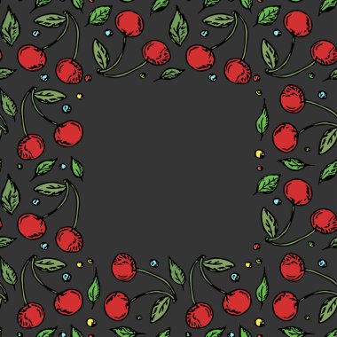 Metin için yeri olan kusursuz kiraz deseni. Kırmızı kiraz ikonlu Doodle vektörü. Vintage kiraz deseni