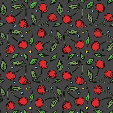 Kusursuz kiraz deseni. Kırmızı kiraz ikonlu Doodle vektörü. Vintage kiraz deseni