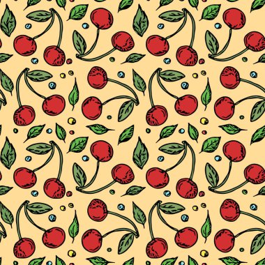 Kusursuz kiraz deseni. Kırmızı kiraz ikonlu Doodle vektörü. Vintage kiraz deseni
