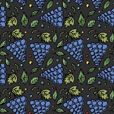 Kusursuz üzüm deseni. Üzüm ikonlu Doodle vektörü. Vintage üzüm deseni