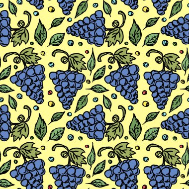 Kusursuz üzüm deseni. Üzüm ikonlu Doodle vektörü. Vintage üzüm deseni