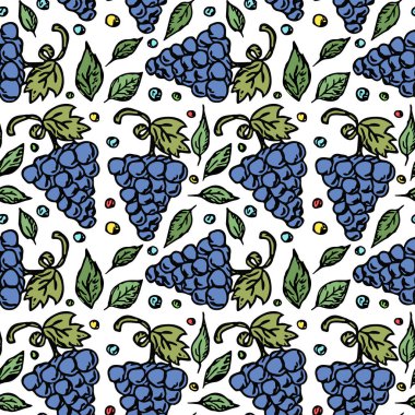 Kusursuz üzüm deseni. Üzüm ikonlu Doodle vektörü. Vintage üzüm deseni