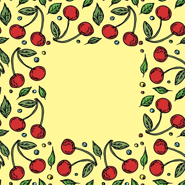 Metin için yeri olan kusursuz kiraz deseni. Kırmızı kiraz ikonlu Doodle vektörü. Vintage kiraz deseni