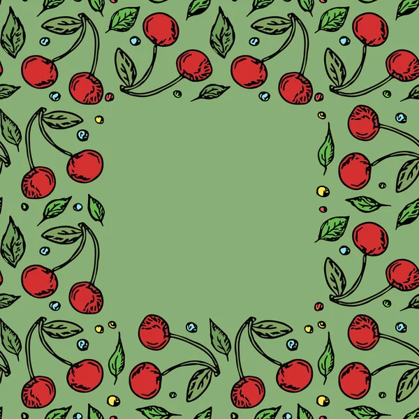 Metin için yeri olan kusursuz kiraz deseni. Kırmızı kiraz ikonlu Doodle vektörü. Vintage kiraz deseni