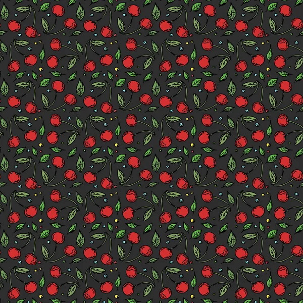 Kusursuz kiraz deseni. Kırmızı kiraz ikonlu Doodle vektörü. Vintage kiraz deseni